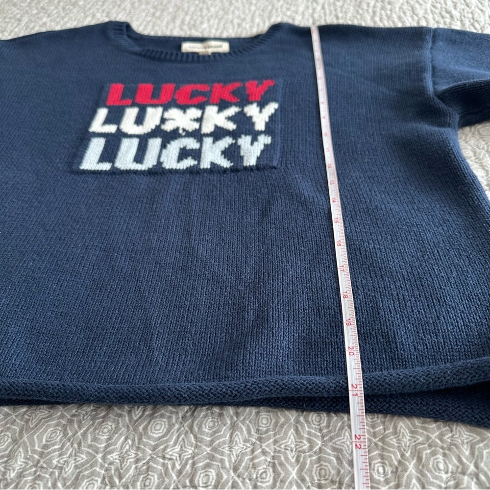 Lucky Brand Navy Blue Crop Sweater with Lucky Clover Graphic Rolled Hem Size L - Picture 7 of 8